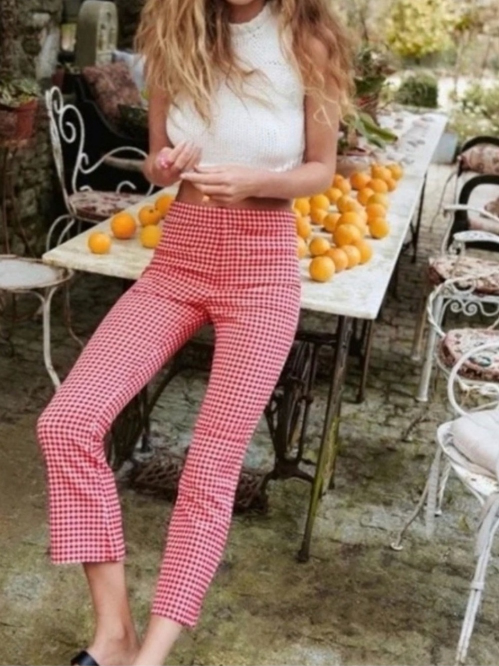 Zara High-waisted Pink and White Gingham Cropped Trousers Size Large Cotton New